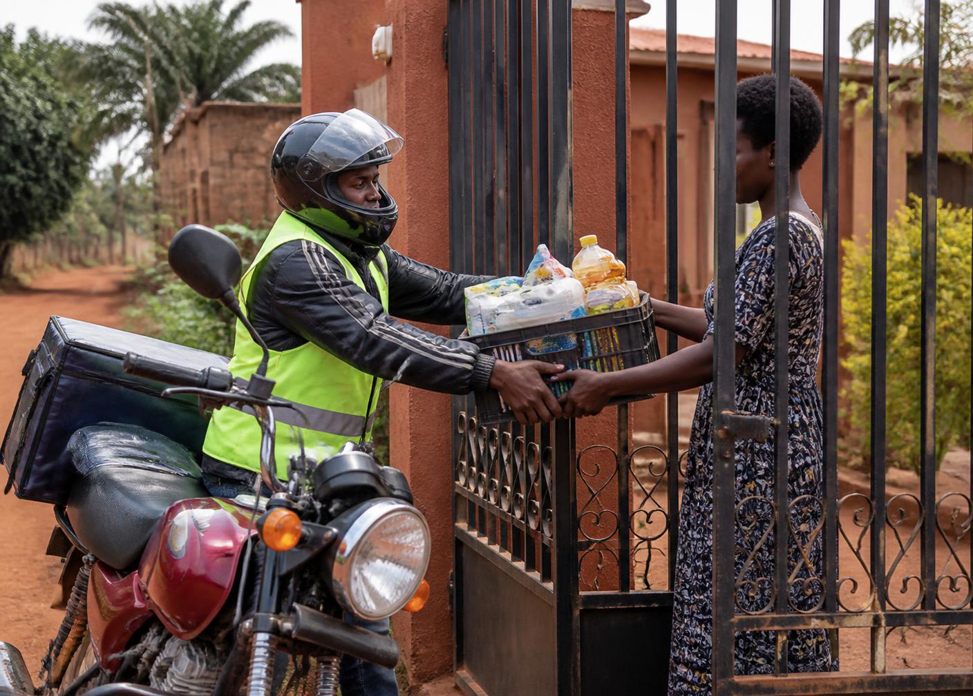 A boda rider handing a crate of household shopping over a gate to a woman