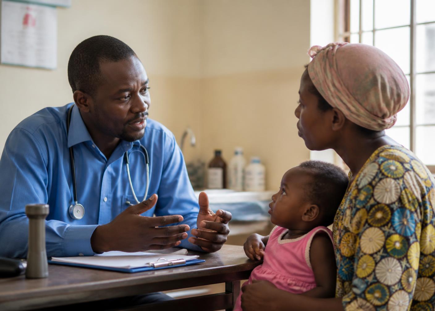 A Ugandan doctor explaining a diagnosis to a mother holding her small child in a clinic room