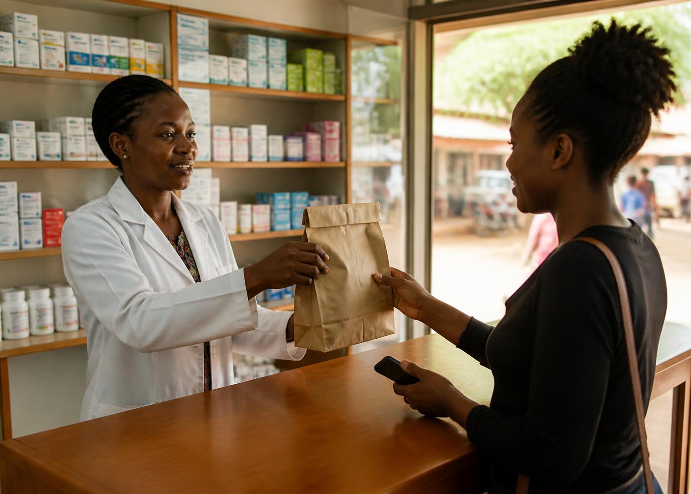 A pharmacist handing a paper bag of medicine to a young woman in a Kampala pharmacy